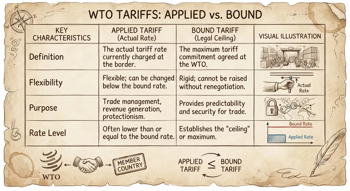 Comparison table layout showing the difference between applied tariffs and bound tariffs under WTO
