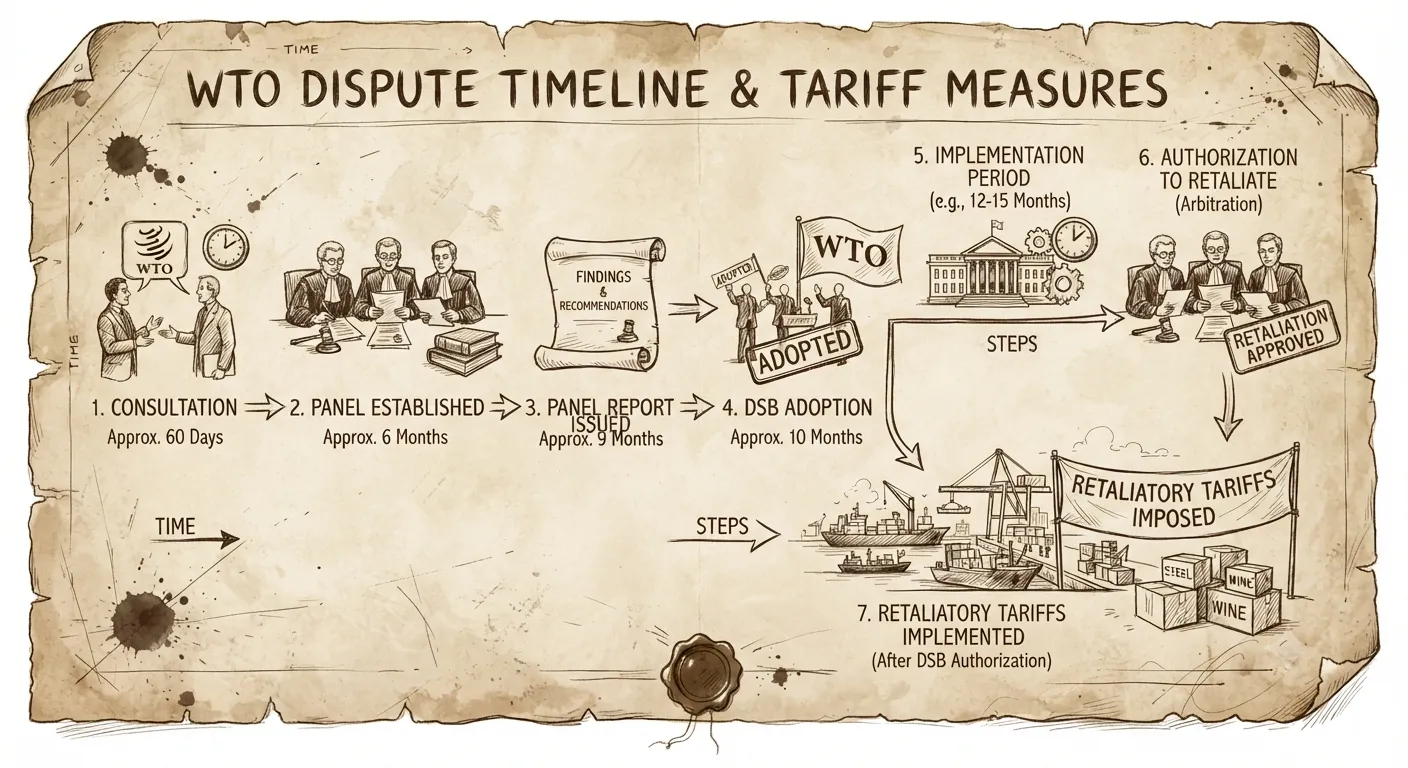 Chart showing the timeline for implementation and potential retaliatory tariff measures