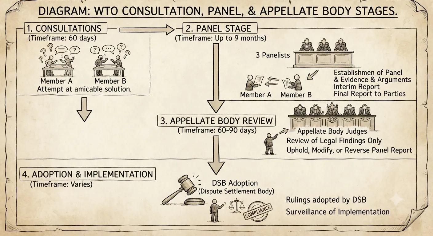 Diagram showing WTO consultation panel and appellate body stages