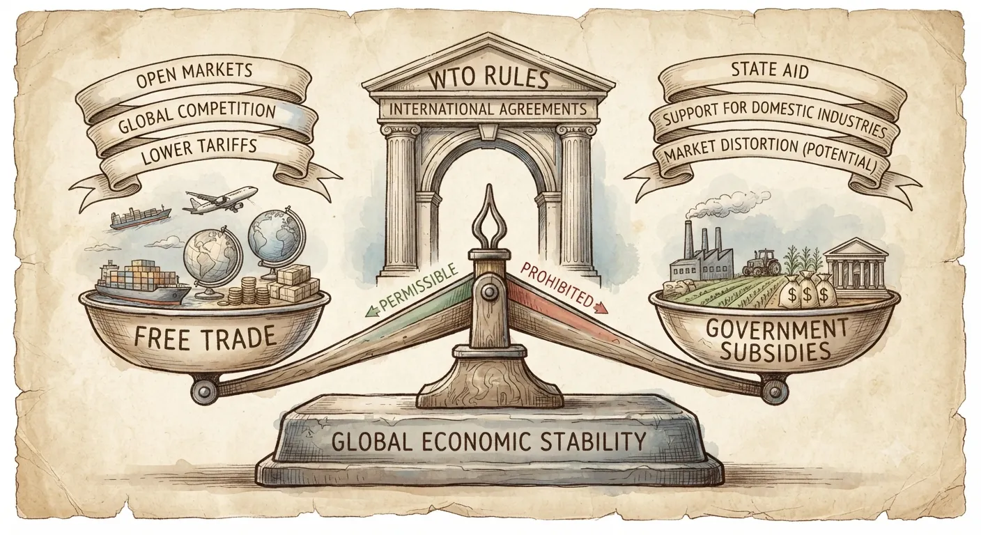 Conceptual illustration showing the balance between free trade and government subsidies under WTO rules
