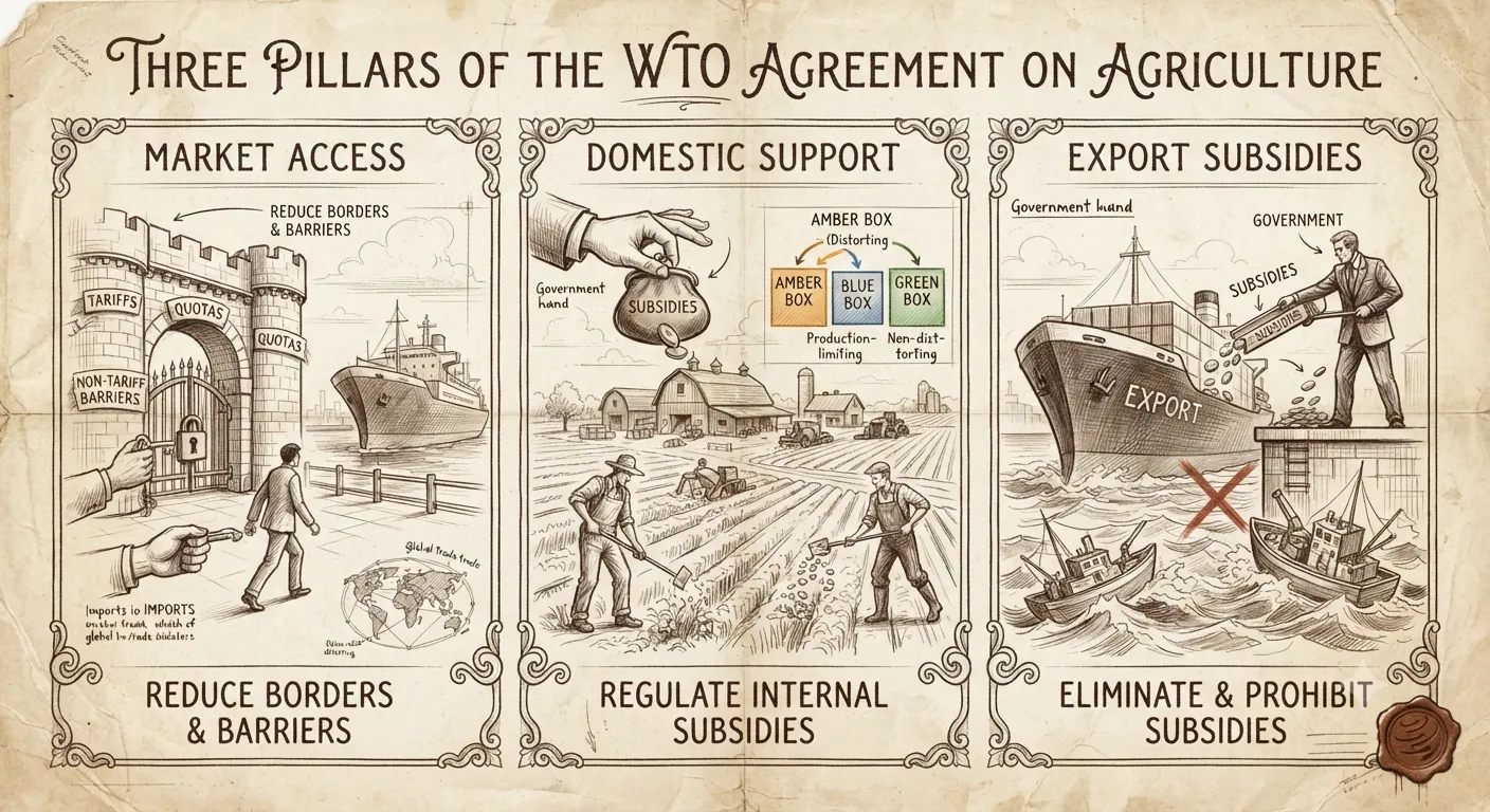 The three pillars of the WTO Agreement on Agriculture: Market Access, Domestic Support, and Export Subsidies