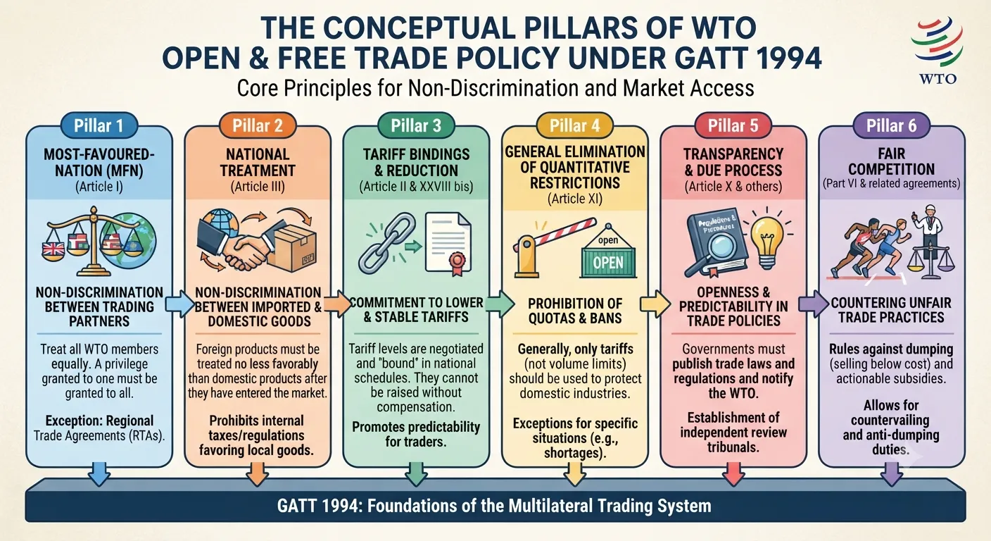 The conceptual pillars of WTO open and free trade policy under GATT 1994