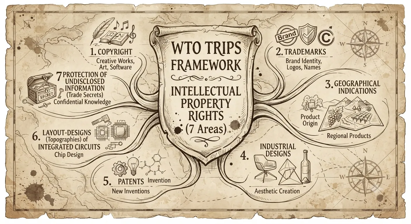 The WTO TRIPS framework showing the seven protected areas of Intellectual Property Rights