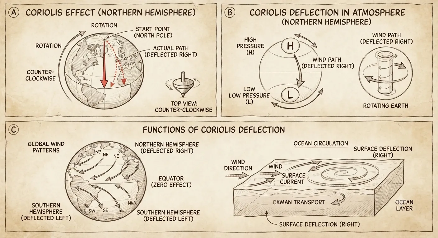 Coriolis effect and functions of coriolis deflection
