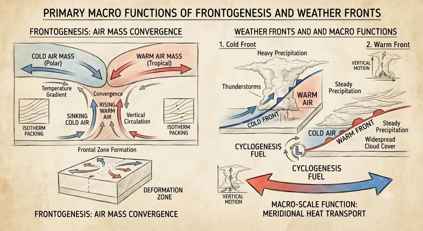 Primary macro functions of Frontogenesis and weather fronts
